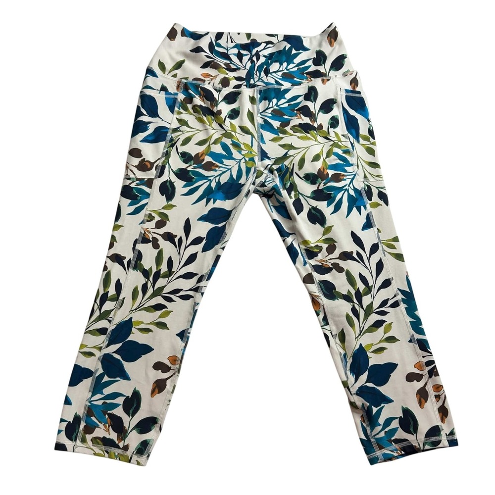 RBX Womens XL Active Leggings Cream Botanical Leaf Print Pockets Capri Pant